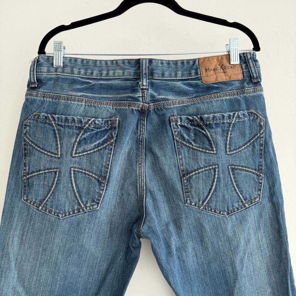 Marc Ecko Jeans Men 34x30 Bootcut Cross Embroidered Y2K Vintage Cut and Sew Fade